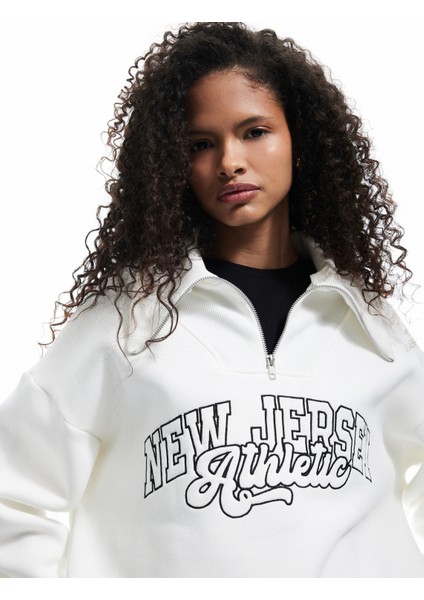 Şardonlu Uzun Kollu Yarım Fermuarlı Yaka Nakışlı Oversize Sweatshirt