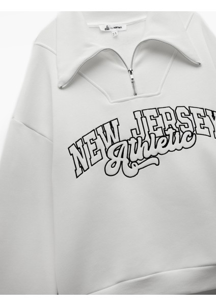 Şardonlu Uzun Kollu Yarım Fermuarlı Yaka Nakışlı Oversize Sweatshirt indirimleri