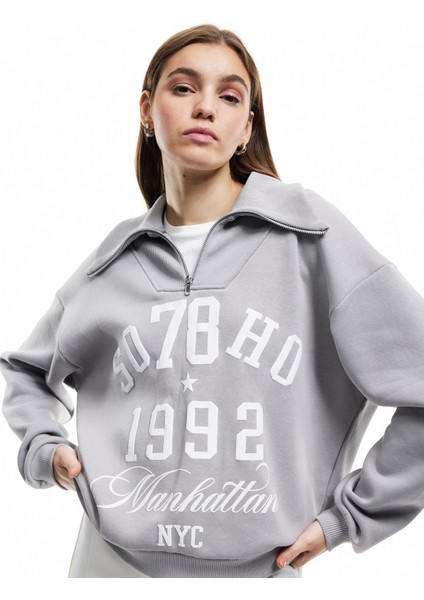 Baskılı Uzun Kollu Şardonlu Yarım Fermuarlı Sweatshirt