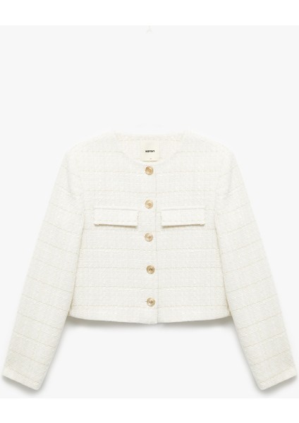 Uzun Kollu Bisiklet Yaka Aplike Detaylı Düğmeli Tüvit Ceket