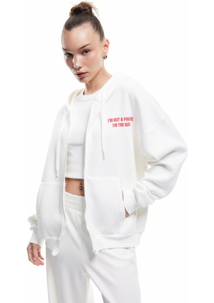 Şardonlu Fermuarlı Kapüşonlu Cep Detaylı Arkası Baskılı Oversize Sweatshirt