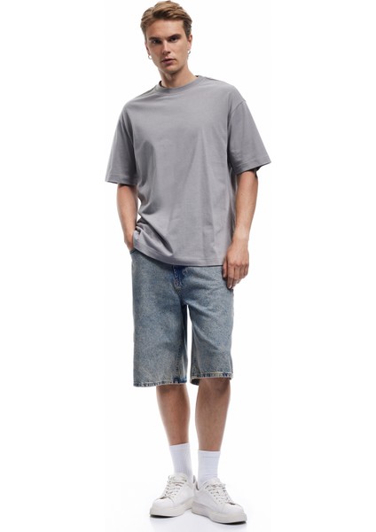 Kısa Kollu Bisiklet Yaka Pamuklu Basic Oversize Tişört