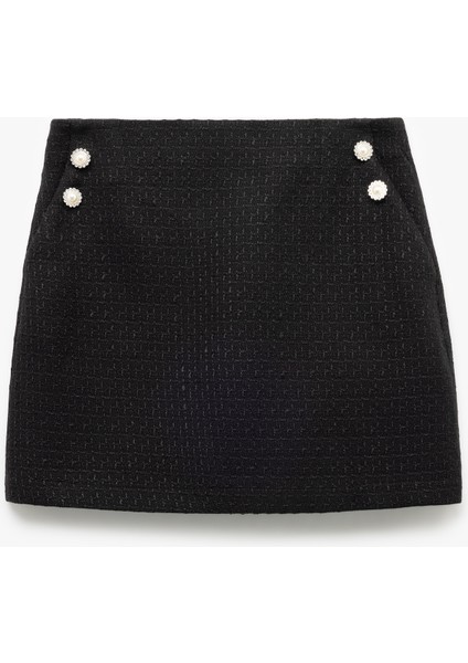 A Kesim Cepli Inci Düğme Detaylı Mini Tüvit Etek