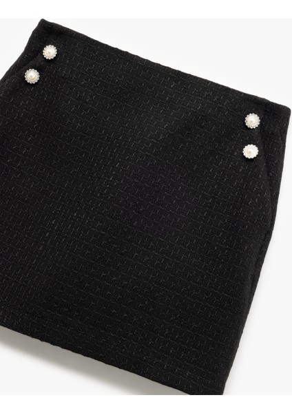 A Kesim Cepli Inci Düğme Detaylı Mini Tüvit Etek modelleri