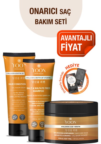 3'lü Onarıcı Saç Bakım Seti, Tuzsuz Şampuan 250ML, Saç Bakım Kremi 200ML, Saç Bakım Maskesi 250ML