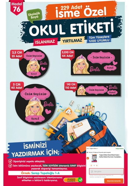 Okul Etiketi Barbie Kalem Defter Etiketi Özel Isim Yazılabilen Etiket Seti - Isim ETIKETI-T579-OE76