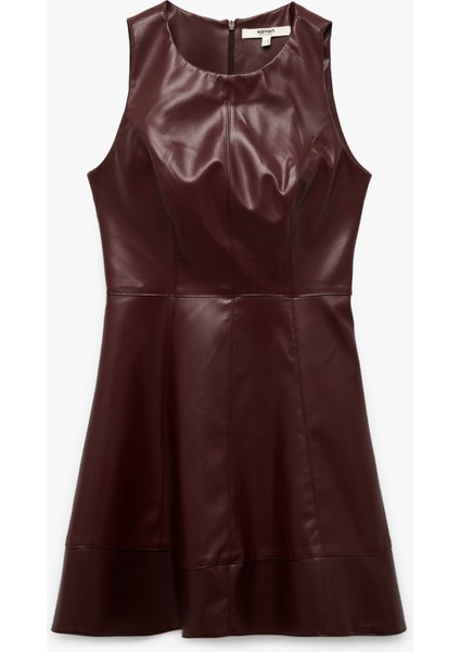 Kolsuz Bisiklet Yaka A Kesim Suni Deri Mini Elbise