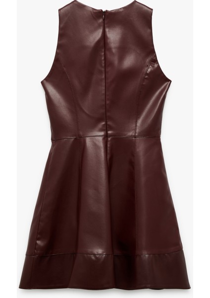 Kolsuz Bisiklet Yaka A Kesim Suni Deri Mini Elbise fiyatları