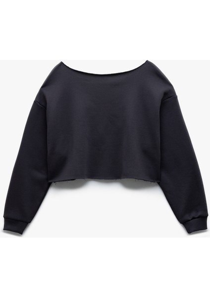 Uzun Kollu Şardonlu Oversize Kayık Yaka Baskılı Crop Sweatshirt fırsatları