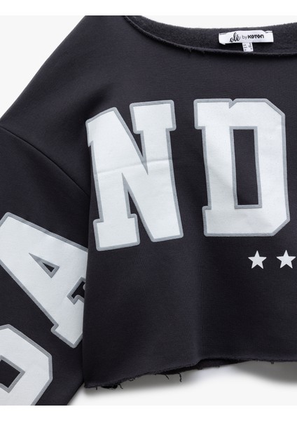 Uzun Kollu Şardonlu Oversize Kayık Yaka Baskılı Crop Sweatshirt indirimleri