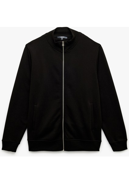 Şardonlu Uzun Kollu Cep Detaylı Basic Fermuarlı Sweatshirt