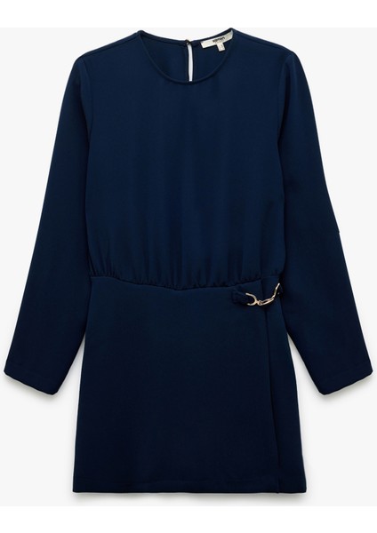 Krep Kumaş Bisiklet Yaka Metal Aksesuarlı Uzun Kollu Mini Elbise fırsatları