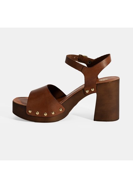 Kadın Kahve Ayarlanabilir Tokalı Deri Topuklu Sandalet modelleri