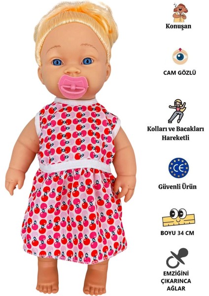 Emziğini Çıkarınca Ağlayan Göbeğine Basınca Konuşan Oyuncak Cam Gözlü Et Bebek 34 cm