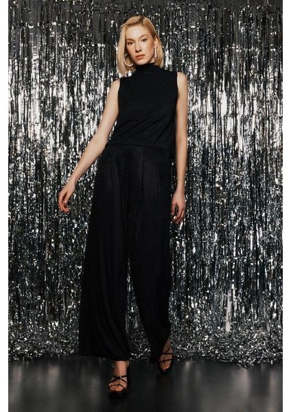 Limited Sim Çizgili Geniş Paça Siyah Pantolon modelleri