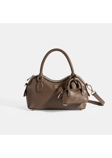 Kadın Kahve Deri Çanta Aksesuarlı Mini El Çantası