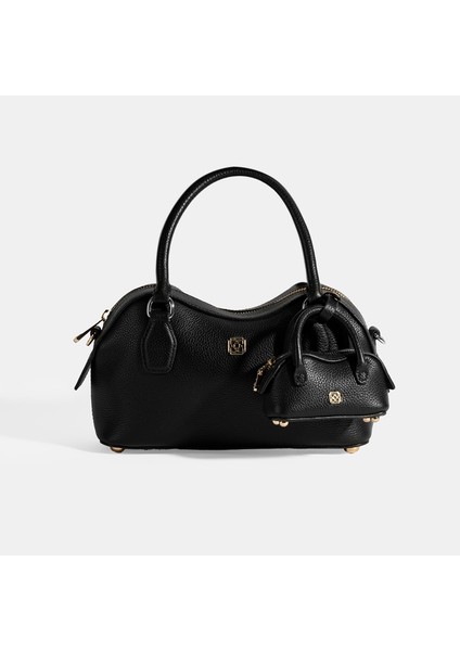 Kadın Siyah Deri Çanta Aksesuarlı Mini El Çantası