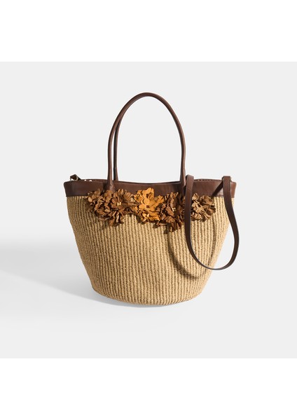 Kadın Kahve Turuncu Çiçek Detaylı Hasır Omuz Çantası