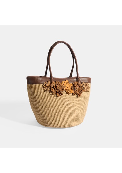 Kadın Kahve Turuncu Çiçek Detaylı Hasır Omuz Çantası fiyatları