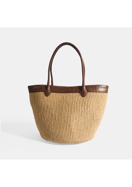 Kadın Kahve Turuncu Çiçek Detaylı Hasır Omuz Çantası modelleri