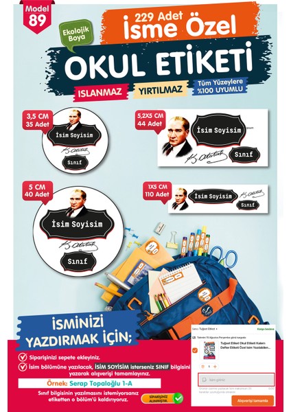 Okul Etiketi Kalem Defter Etiketi Özel Isim Yazılabilen Etiket Seti - Isim ETIKETI-T534-OE89