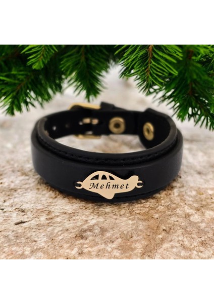 Mehmet İsmine Özel Uçak Motifli 14 Ayar Altın Plakalı Doğal Siyah Derili Hediye Bileklik-447İsim fiyatları