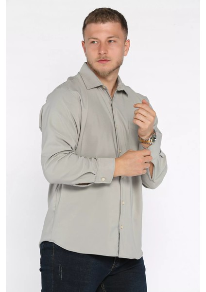 Erkek Tek Cepli Uzun Kol Likralı Oversize Gömlek P-00017777