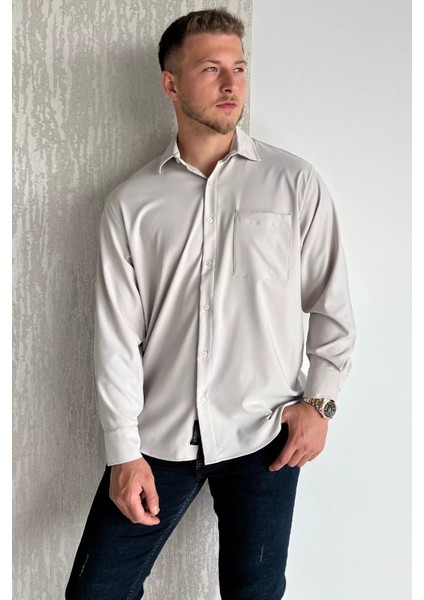 Erkek Tek Cepli Uzun Kol Likralı Oversize Gömlek P-00017777