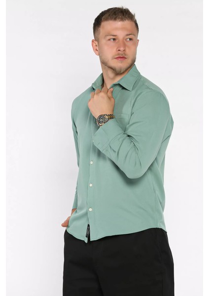 Erkek Tek Cepli Uzun Kol Likralı Oversize Gömlek P-00017777