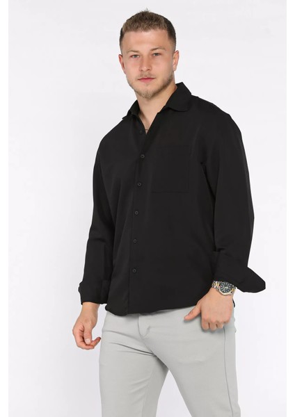 Erkek Tek Cepli Uzun Kol Likralı Oversize Gömlek P-00017777