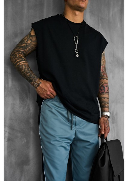 Erkek Oversize Dokulu Yuvarlak Yaka Kolsuz T-Shirt Siyah modelleri
