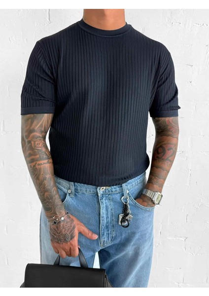 Erkek Slim Fit Fitilli T-Shirt Lacivert