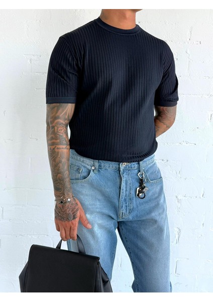 Erkek Slim Fit Fitilli T-Shirt Lacivert modelleri