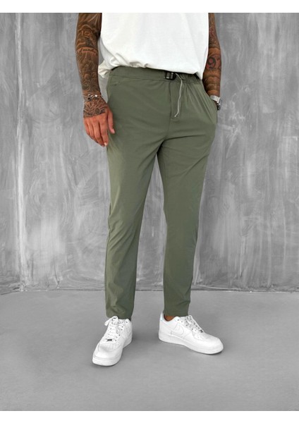 Erkek Beli Lastikli Tecno Kumaş Slim Fit Pantolon Yeşil