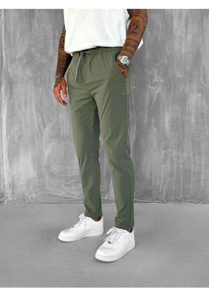 Erkek Beli Lastikli Tecno Kumaş Slim Fit Pantolon Yeşil fiyatları