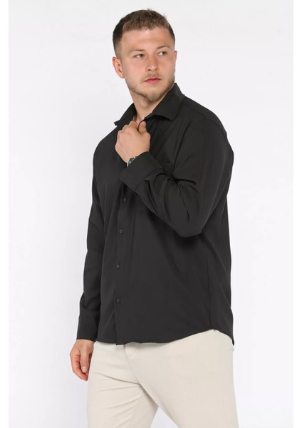 Erkek Tek Cepli Uzun Kol Likralı Oversize Gömlek P-00017777