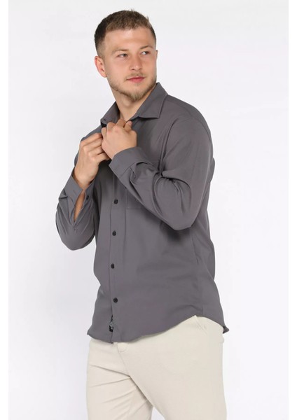 Erkek Tek Cepli Uzun Kol Likralı Oversize Gömlek P-00017777