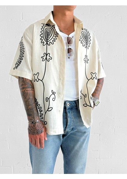 Erkek Keten Karışımlı Desenli Kısa Kollu Oversize Gömlek Bej