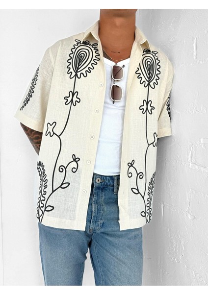 Erkek Keten Karışımlı Desenli Kısa Kollu Oversize Gömlek Bej modelleri