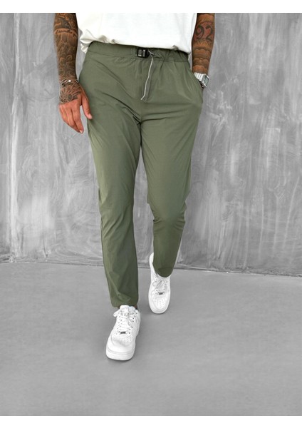 Erkek Beli Lastikli Tecno Kumaş Slim Fit Pantolon Yeşil