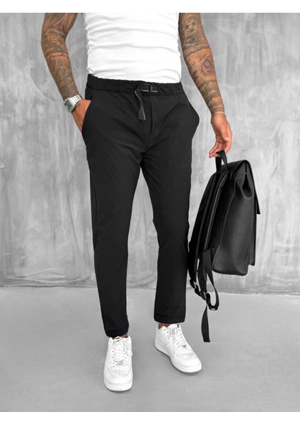 Erkek Beli Lastikli Tecno Kumaş Slim Fit Pantolon Siyah