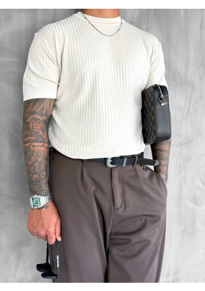 Erkek Slim Fit Fitilli T-Shirt Bej
