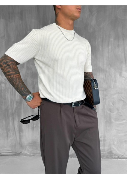 Erkek Slim Fit Fitilli T-Shirt Bej