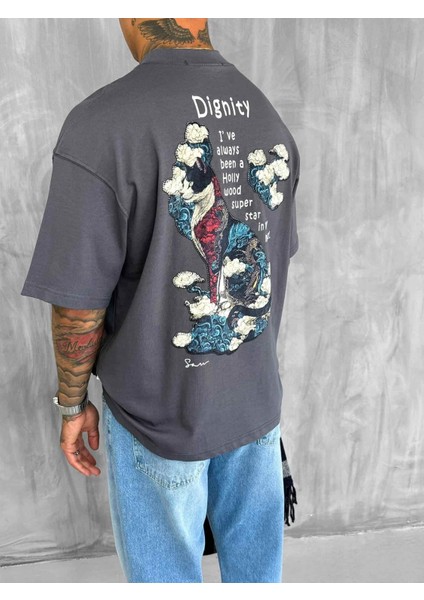 Erkek Yamalı Oversize T-Shirt Füme