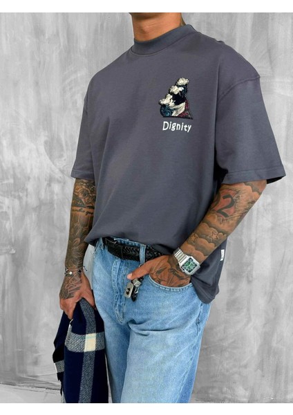 Erkek Yamalı Oversize T-Shirt Füme fiyatları