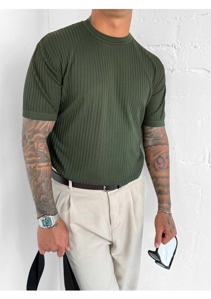 Erkek Slim Fit Fitilli T-Shirt Haki Yeşil