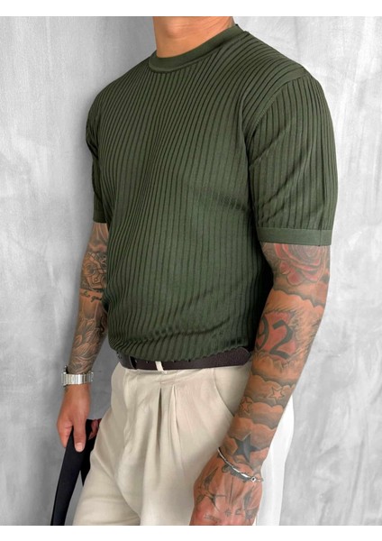 Erkek Slim Fit Fitilli T-Shirt Haki Yeşil modelleri