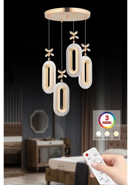 Alfa LED 4'lü Gold Kumandalı 3 Renk Ledli Kristal Taşlı Modern LED Avize