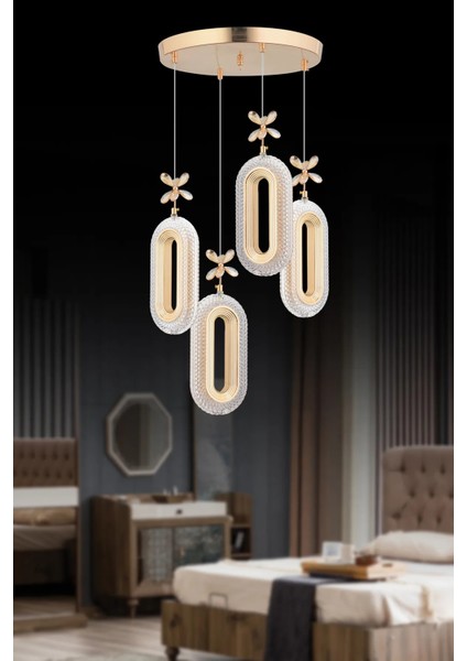 Alfa LED 4'lü Gold Kumandalı 3 Renk Ledli Kristal Taşlı Modern LED Avize indirimleri
