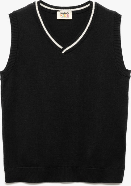 Regular Fit Şerit Detaylı Kolsuz V Yaka Triko Süveter